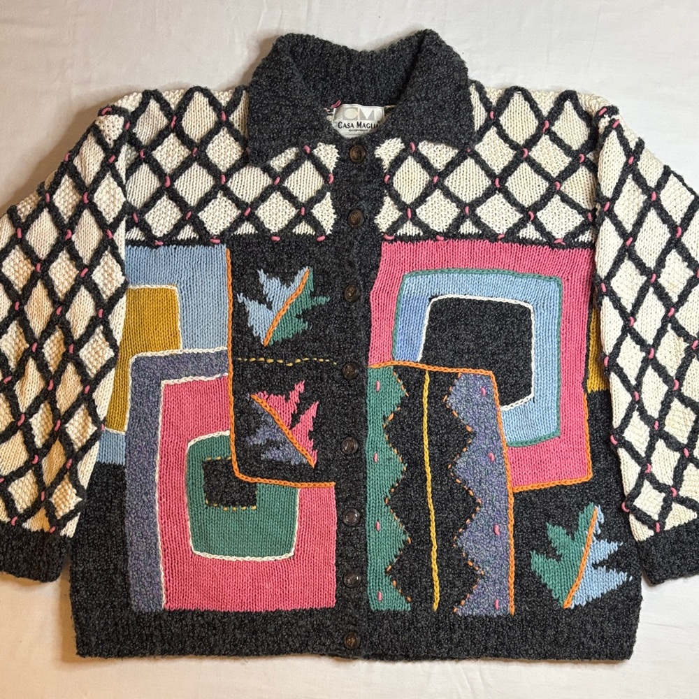 Vintage Casa Maglia Chunky Knit Pattern Granny Cardigan Sweater Size M